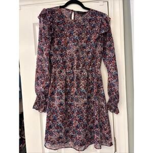 Women's Banana Republic Red White and Blue Floral Long Sleeve Ruffle Dress S